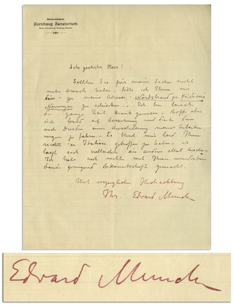 Very Rare Edvard Munch Autograph Letter Signed From the Kornhaug Sanatorium in 1900 -- "…I am thinking of traveling to Dresden then, concerning an exhibit of my works…"
